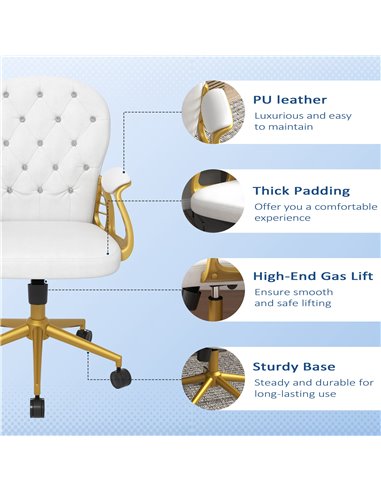 Vinsetto Height Adjustable Home Office Chair, Button Tufted Computer Chair with Padded Armrests and Tilt Function, Cream White