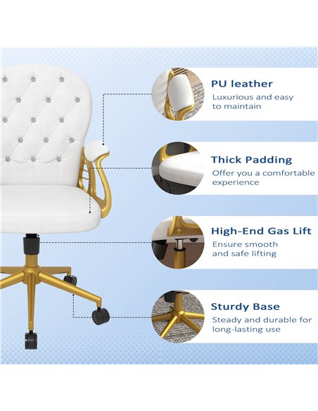 Vinsetto Height Adjustable Home Office Chair, Button Tufted Computer Chair with Padded Armrests and Tilt Function, Cream White - pic 27578 | FastDaddyshop
