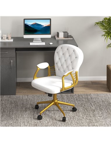 Vinsetto Height Adjustable Home Office Chair, Button Tufted Computer Chair with Padded Armrests and Tilt Function, Cream White