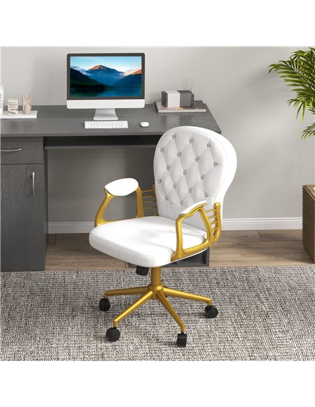 Vinsetto Height Adjustable Home Office Chair, Button Tufted Computer Chair with Padded Armrests and Tilt Function, Cream White - pic 27581 | FastDaddyshop