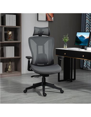 Vinsetto Mesh Office Chair, Reclining Desk Chair with Adjustable Headrest, Lumbar Support, 3D Armrest, Sliding Seat, Grey