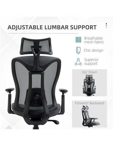 Vinsetto Mesh Office Chair, Reclining Desk Chair with Adjustable Headrest, Lumbar Support, 3D Armrest, Sliding Seat, Grey