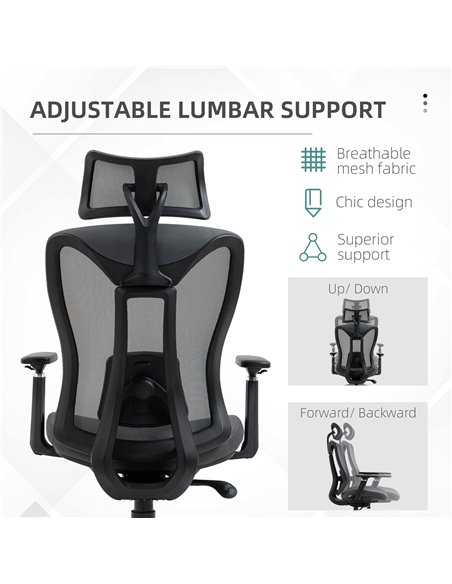 Vinsetto Mesh Office Chair, Reclining Desk Chair with Adjustable Headrest, Lumbar Support, 3D Armrest, Sliding Seat, Grey - pic 27623 | FastDaddyshop
