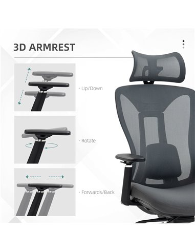 Vinsetto Mesh Office Chair, Reclining Desk Chair with Adjustable Headrest, Lumbar Support, 3D Armrest, Sliding Seat, Grey
