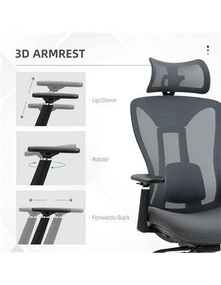 Vinsetto Mesh Office Chair, Reclining Desk Chair with Adjustable Headrest, Lumbar Support, 3D Armrest, Sliding Seat, Grey - pic 27625 | FastDaddyshop