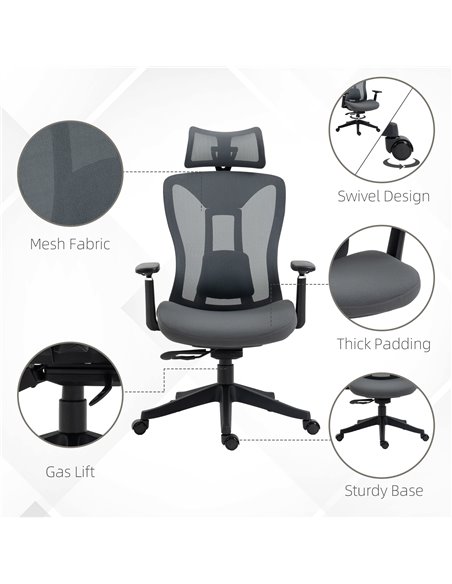 Vinsetto Mesh Office Chair, Reclining Desk Chair with Adjustable Headrest, Lumbar Support, 3D Armrest, Sliding Seat, Grey - pic 27626 | FastDaddyshop