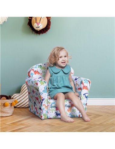 HOMCOM Children Armchair Kids Sofa Tub Chair Seat Cartoon Dinosaur Pattern Bedroom Flannel Wooden Frame Non-slip Playroom Seater