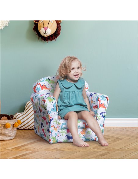 HOMCOM Children Armchair Kids Sofa Tub Chair Seat Cartoon Dinosaur Pattern Bedroom Flannel Wooden Frame Non-slip Playroom Seater - pic 27691 | FastDaddyshop