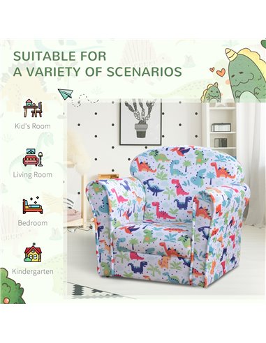 HOMCOM Children Armchair Kids Sofa Tub Chair Seat Cartoon Dinosaur Pattern Bedroom Flannel Wooden Frame Non-slip Playroom Seater