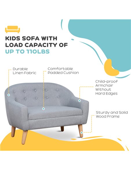 HOMCOM 2 Seater Toddler Chair Kids Mini Sofa Children Armchair Seating Chair Bedroom Playroom Furniture Wood Frame Grey - pic 27731 | FastDaddyshop