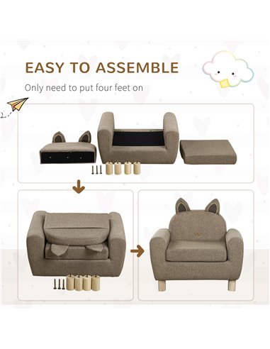 HOMCOM Kids Sofa Toddler Chair Children Armchair for Preschool Bedroom Playroom with Ear Modeling Wood Brown
