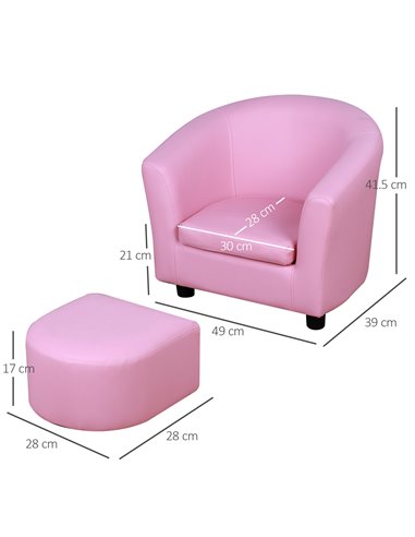 HOMCOM Kids Toddler Sofa Children's Armchair Footstool with Thick Padding, Anti-skid Foot Pads, 30 x 28 x 21cm, Pink