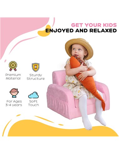 HOMCOM 2 In 1 Kids Armchair, Fold Out Padded Bedroom, Pink 310-040V70PK