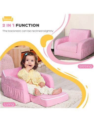 HOMCOM 2 In 1 Kids Armchair, Fold Out Padded Bedroom, Pink 310-040V70PK