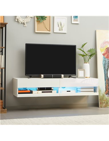 HOMCOM Wall Mounted TV Unit Cabinet for TVs up to 65" with LED Lights, 150 x 40 x 30cm, High Gloss White
