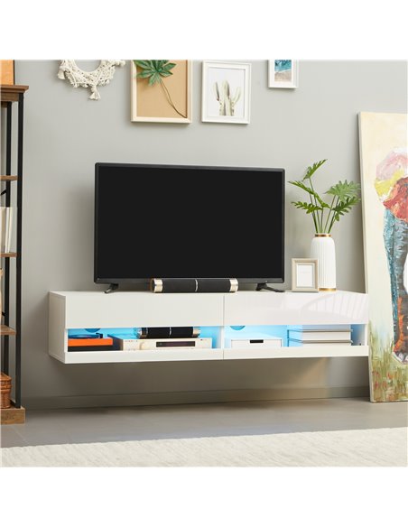 HOMCOM Wall Mounted TV Unit Cabinet for TVs up to 65" with LED Lights, 150 x 40 x 30cm, High Gloss White - pic 27889 | FastDaddyshop