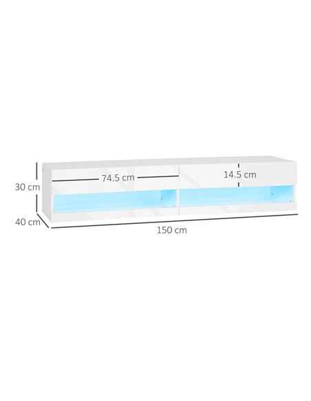 HOMCOM Wall Mounted TV Unit Cabinet for TVs up to 65" with LED Lights, 150 x 40 x 30cm, High Gloss White - pic 27890 | FastDaddyshop