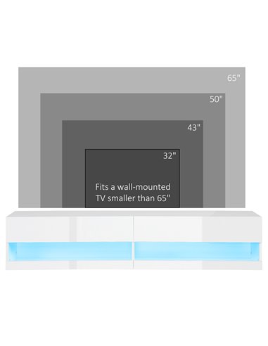 HOMCOM Wall Mounted TV Unit Cabinet for TVs up to 65" with LED Lights, 150 x 40 x 30cm, High Gloss White