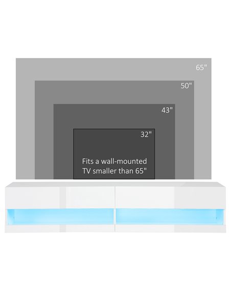 HOMCOM Wall Mounted TV Unit Cabinet for TVs up to 65" with LED Lights, 150 x 40 x 30cm, High Gloss White - pic 27895 | FastDaddyshop