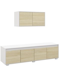 HOMCOM 2 Pieces Freestanding TV Unit Set with Wall Cabinet for 70-inch TVs, White & Natural