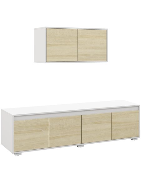 HOMCOM 2 Pieces Freestanding TV Unit Set with Wall Cabinet for 70-inch TVs, White & Natural - pic 27897 | FastDaddyshop