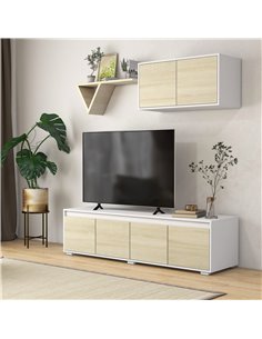 HOMCOM 2 Pieces Freestanding TV Unit Set with Wall Cabinet for 70-inch TVs, White & Natural 2