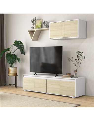 HOMCOM 2 Pieces Freestanding TV Unit Set with Wall Cabinet for 70-inch TVs, White & Natural