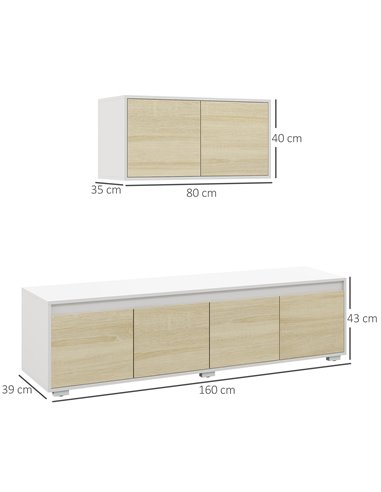HOMCOM 2 Pieces Freestanding TV Unit Set with Wall Cabinet for 70-inch TVs, White & Natural