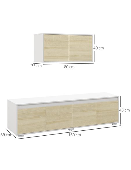HOMCOM 2 Pieces Freestanding TV Unit Set with Wall Cabinet for 70-inch TVs, White & Natural - pic 27899 | FastDaddyshop
