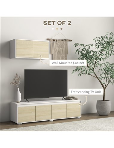 HOMCOM 2 Pieces TV Unit Set with Wall Cabinet, Freestanding Unit for 70-inch TVs, Wall Mounted Storage Cupboard, with Adjustable
