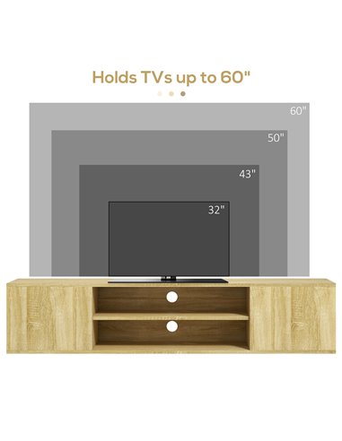 HOMCOM Floating TV Stand Cabinet for TVs up to 60" with Open Shelf, Storage Cupboards and Cable Management, Natural
