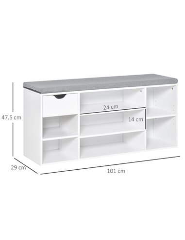 HOMCOM Shoe Bench, Shoe Storage Cabinet with 7 Compartments, Drawer, Adjustable Shelves, White and Grey