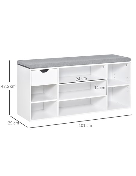 HOMCOM Shoe Bench, Shoe Storage Cabinet with 7 Compartments, Drawer, Adjustable Shelves, White and Grey - pic 27998 | FastDaddyshop