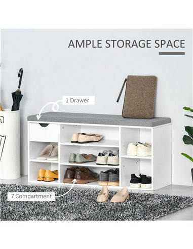 HOMCOM Shoe Bench with Seat Cushion Shoe Storage Cabinet with 7 Compartments Drawer Adjustable Shelves for Entryway Hallway Livi