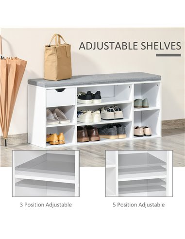HOMCOM Shoe Bench with Seat Cushion Shoe Storage Cabinet with 7 Compartments Drawer Adjustable Shelves for Entryway Hallway Livi