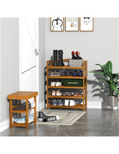HOMCOM 5-Tier Shoe Rack, Wooden Shoe Storage Organiser with Hangers, Holds up to 24 Pairs, Teak