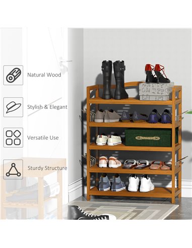 HOMCOM 5-Tier Shoe Rack, Wooden Shoe Storage Organiser with Hangers, Holds up to 24 Pairs, Teak