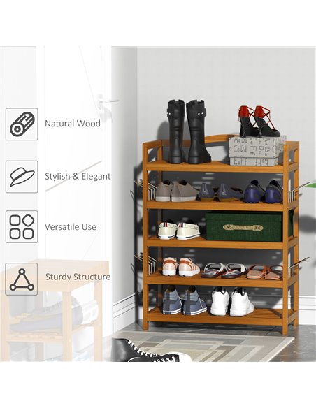 HOMCOM 5-Tier Shoe Rack, Wooden Shoe Storage Organiser with Hangers, Holds up to 24 Pairs, Teak - pic 28010 | FastDaddyshop