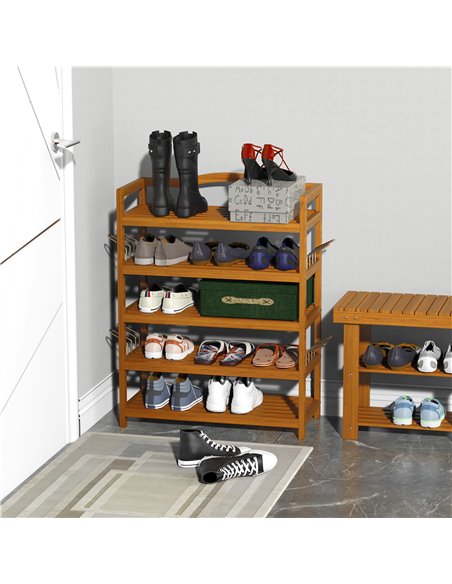 HOMCOM 5-Tier Shoe Rack, Wooden Shoe Storage Organiser with Hangers, Holds up to 24 Pairs, Teak - pic 28013 | FastDaddyshop