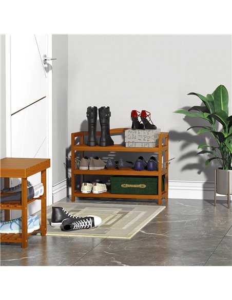 HOMCOM 3-Tier Shoe Rack, Wooden Shoe Storage Organiser with 2 Hangers, Holds up to 12 Pairs, Teak - pic 28015 | FastDaddyshop