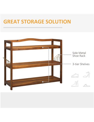 HOMCOM 3-Tier Shoe Rack, Wooden Shoe Storage Organiser, Teak 833-439V01