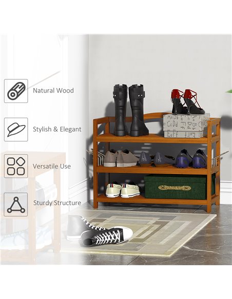 HOMCOM 3-Tier Shoe Rack, Wooden Shoe Storage Organiser with 2 Hangers, Holds up to 12 Pairs, Teak - pic 28019 | FastDaddyshop