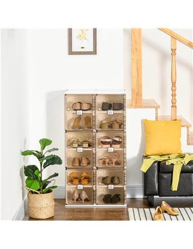 HOMCOM Plastic Shoe Storage Cabinet, Portable Cube Shoe Storage Organizer, White and Brown