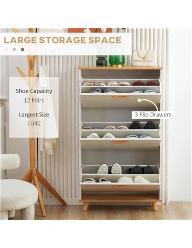 HOMCOM 12 Pair of Shoes Narrow Shoe Cabinet, Slim Shoe Storage Cabinet with 3 Flip Drawers and Adjustable Shelves, White