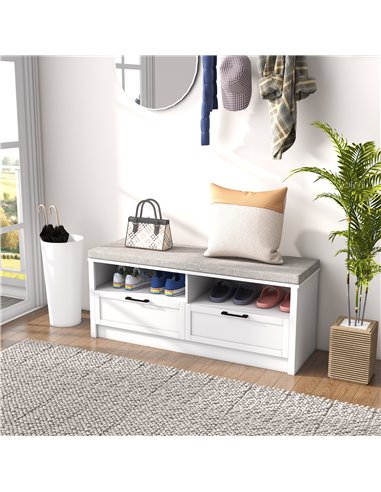 HOMCOM Shoe Storage Bench with Padded Seat, Open Compartments and Drawers, White and Grey