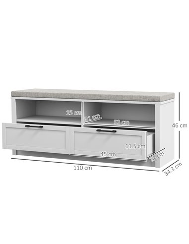 HOMCOM Shoe Storage Bench with Padded Seat, Open Compartments and Drawers, White and Grey