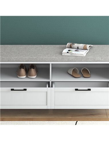 HOMCOM Shoe Storage Bench with Padded Seat, Open Compartments and Drawers, White and Grey