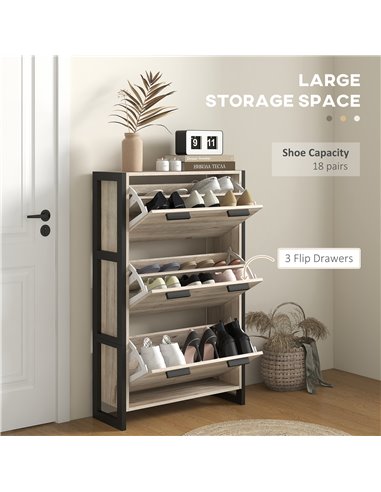 HOMCOM Shoe Storage Cabinet with 3 Flip Drawers Adjustable Shelf 18 Pairs Narrow Shoe Cupboard for Entryway Natural Wood-effect
