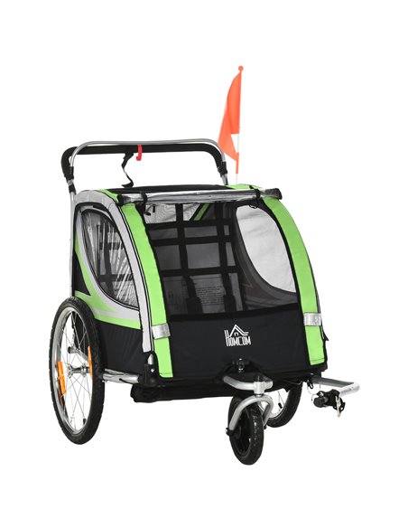 HOMCOM Child Bike Trailer, 2 In 1 Baby Stroller 2-Seater Transport Carrier with Hitch Coupler, Brake, Green - pic 28149 | FastDaddyshop