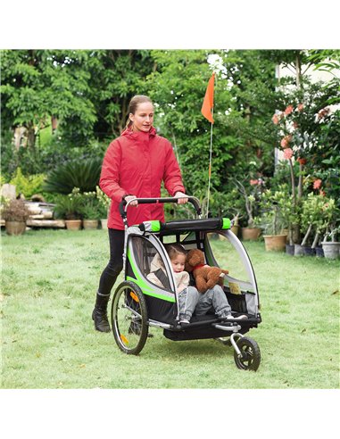 HOMCOM Child Bike Trailer, 2 In 1 Baby Stroller 2-Seater Transport Carrier with Hitch Coupler, Brake, Green